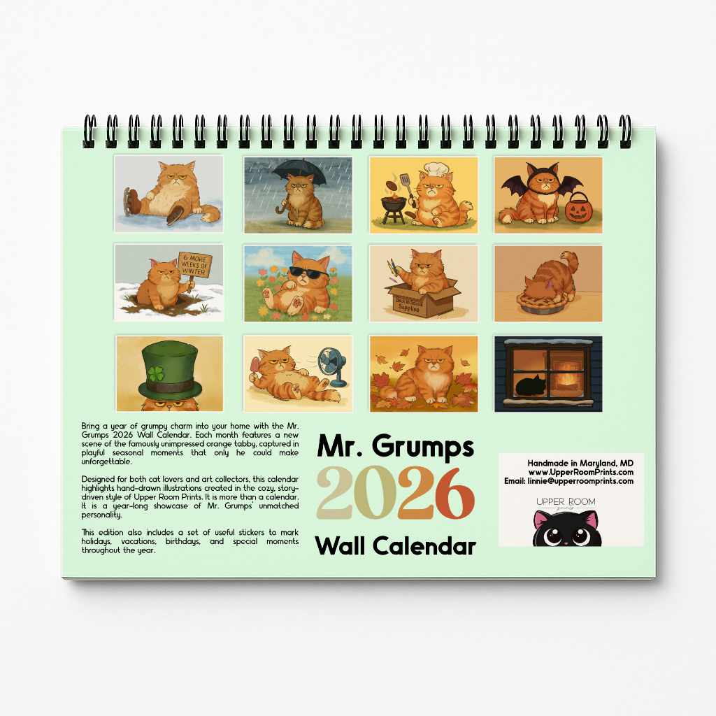 Mr. Grumps 2026 Wall Calendar back cover showing 12 monthly scenes of grumpy orange cat in seasonal moments, handmade in Maryland by Upper Room Prints
