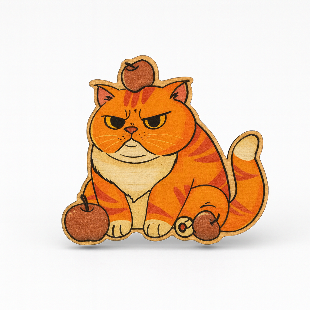 Wooden cat figurine with a brown hat and apples on a white background