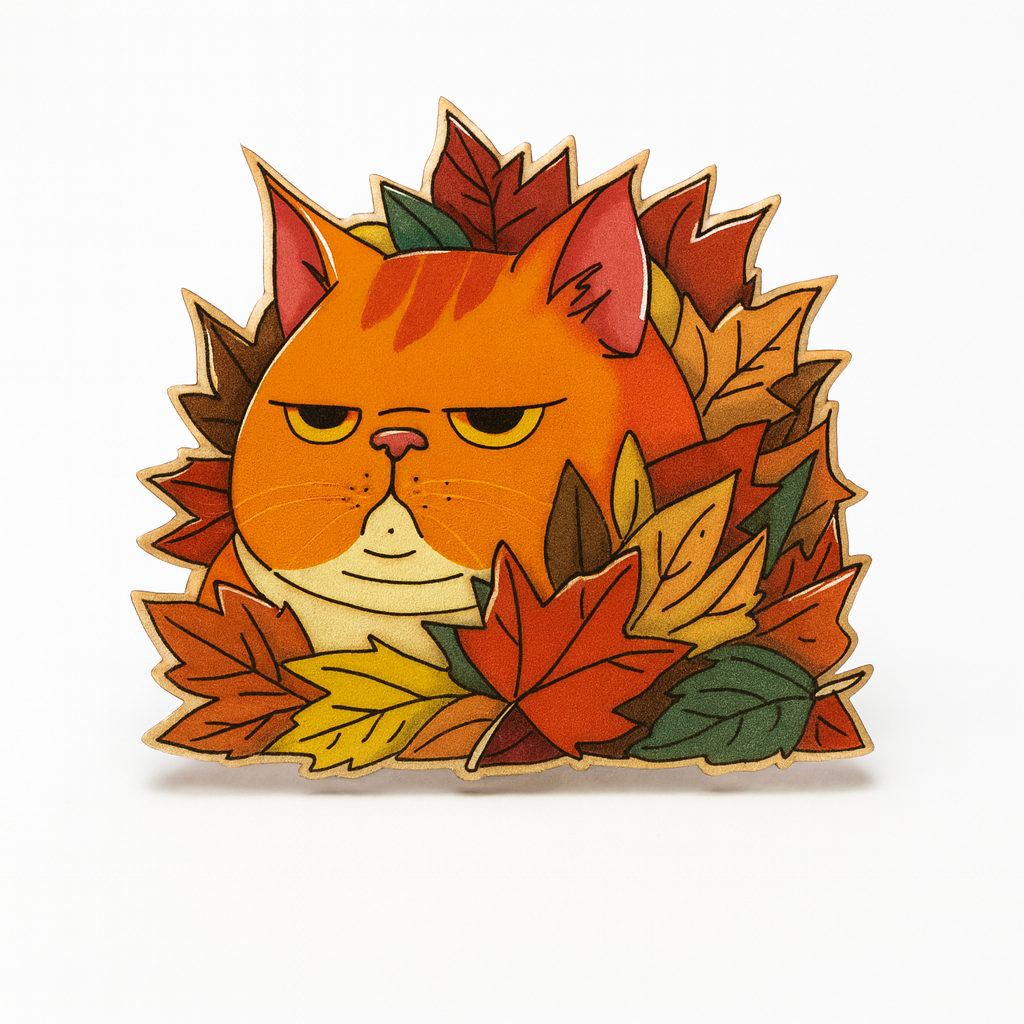 Cat-shaped pin with autumn leaves on a white background
