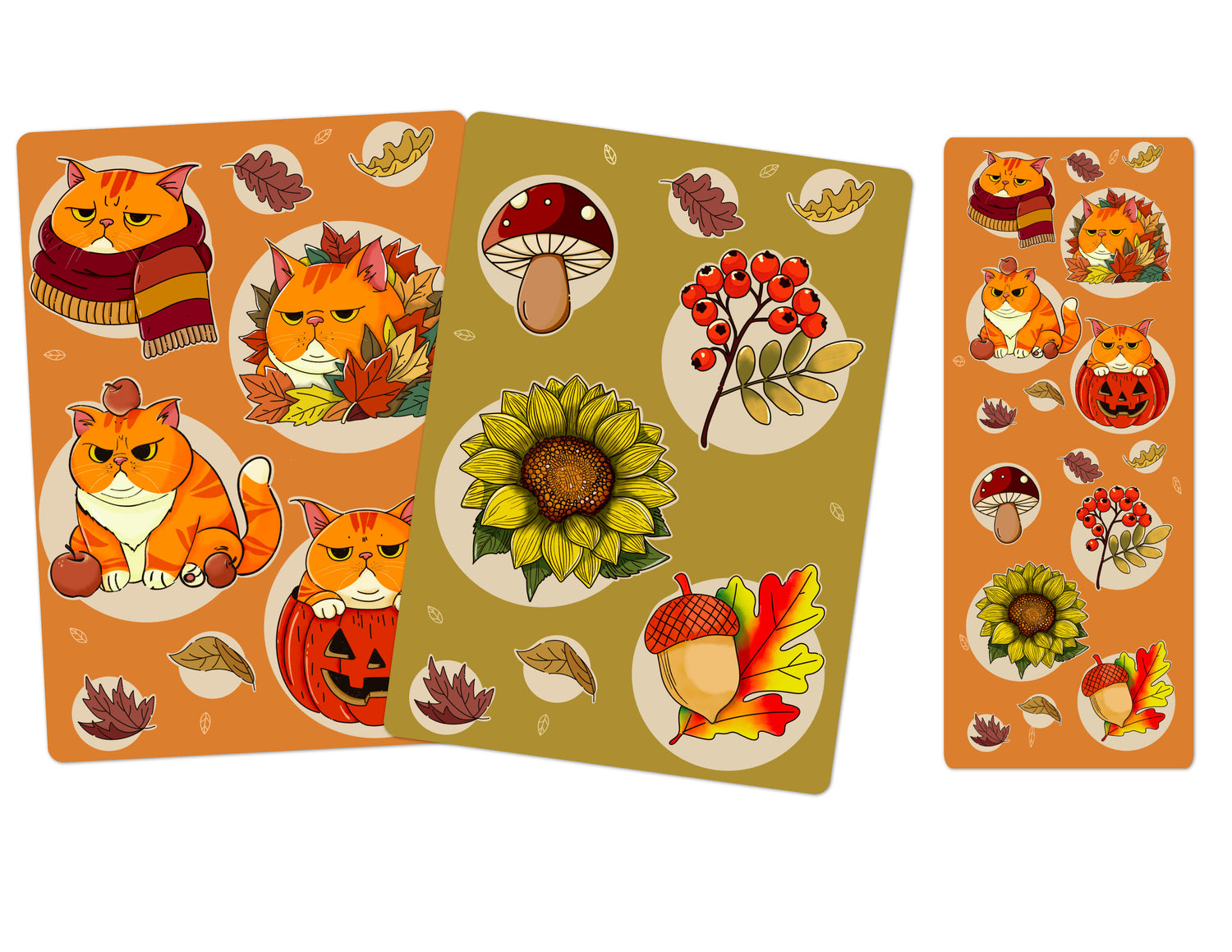 Mr. Grumps autumn sticker sheets in two sizes, 2.7x7 inch standard and 4x6 inch jumbo sheets with cat and botanical designs