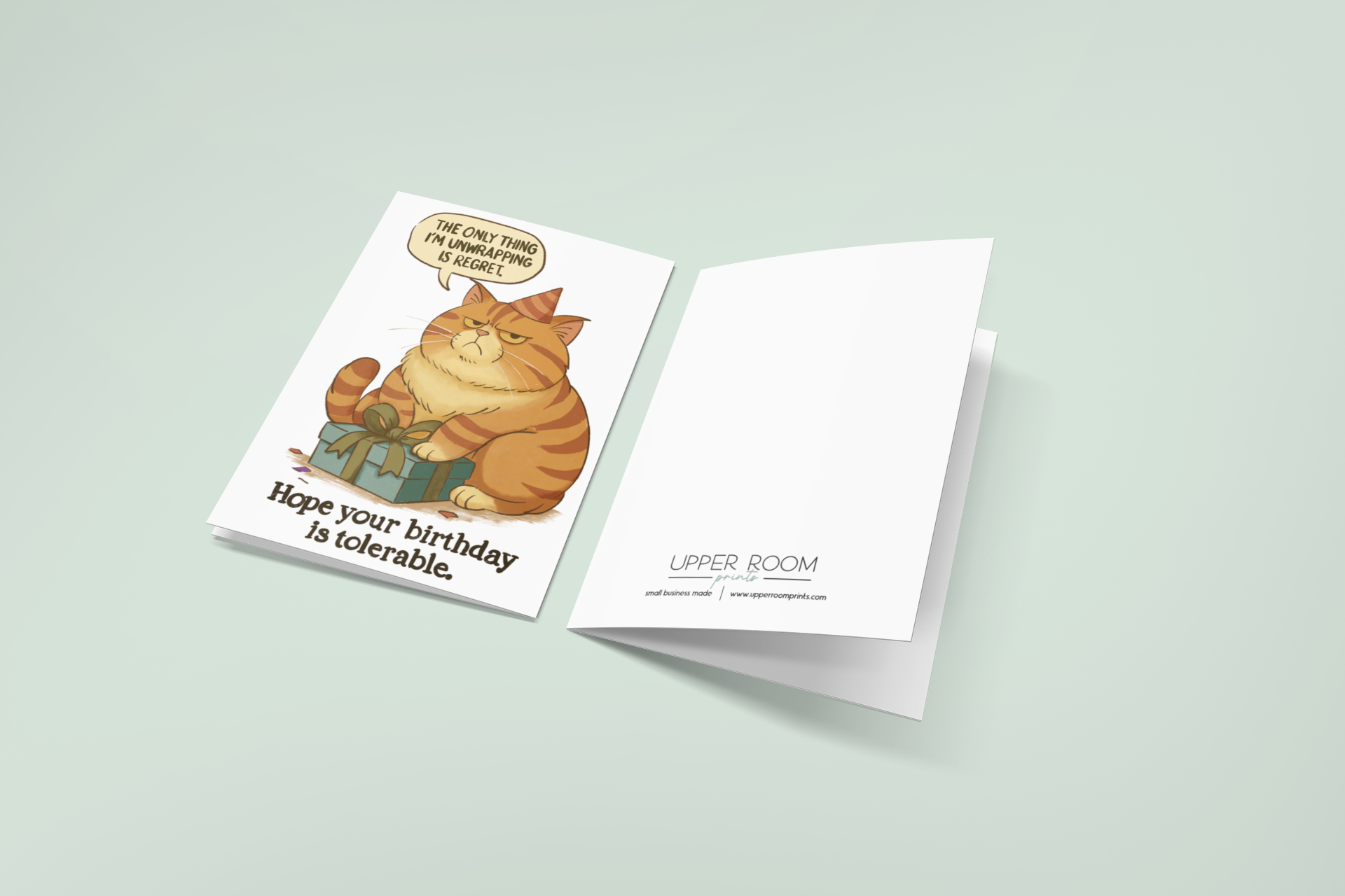 A birthday greeting card titled "Mr. Grumps' Birthday Wisdom" showing the front illustration and back design on a neutral background.