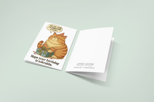 A birthday greeting card titled "Mr. Grumps' Birthday Wisdom" showing the front illustration and back design on a neutral background.