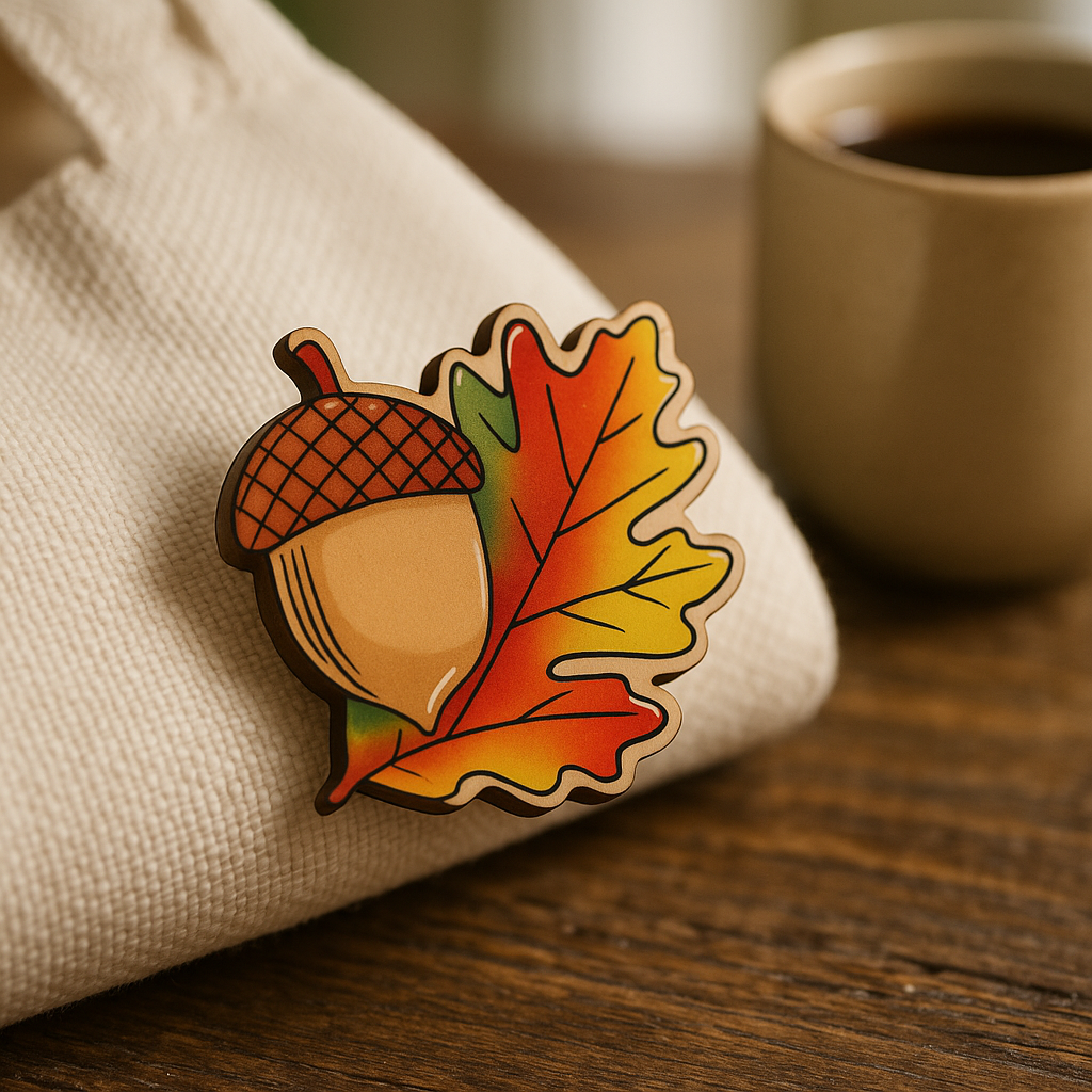 Decorative acorn and leaf pin on a beige fabric background with a cup of coffee.