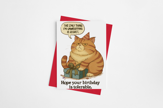 A flat lay of the Mr. Grumps birthday card on a clean backdrop, showcasing a funny illustration of a cranky cat.