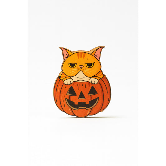 Cartoon cat inside a jack-o'-lantern on a white background