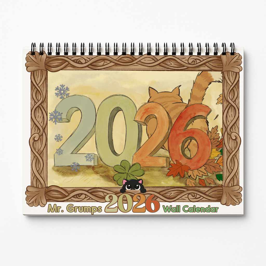 Mr. Grumps 2026 wall calendar cover featuring spiral-bound 11x8.5 inch closed calendar with carved wooden frame border, orange tabby cat, four seasons illustration with winter snowflakes, spring flowers, summer sun, autumn leaves, and Lily black cat peeking from bottom