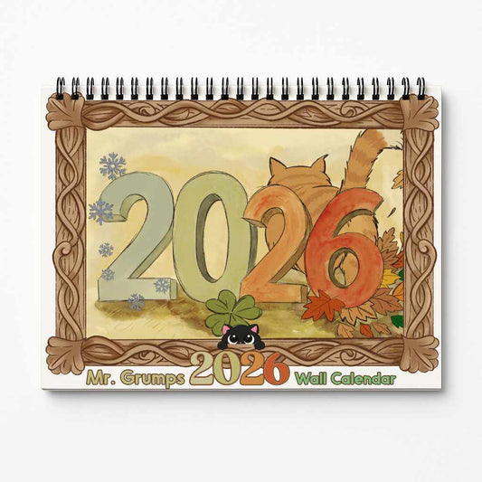 Mr. Grumps 2026 wall calendar cover featuring spiral-bound 11x8.5 inch closed calendar with carved wooden frame border, orange tabby cat, four seasons illustration with winter snowflakes, spring flowers, summer sun, autumn leaves, and Lily black cat peeking from bottom