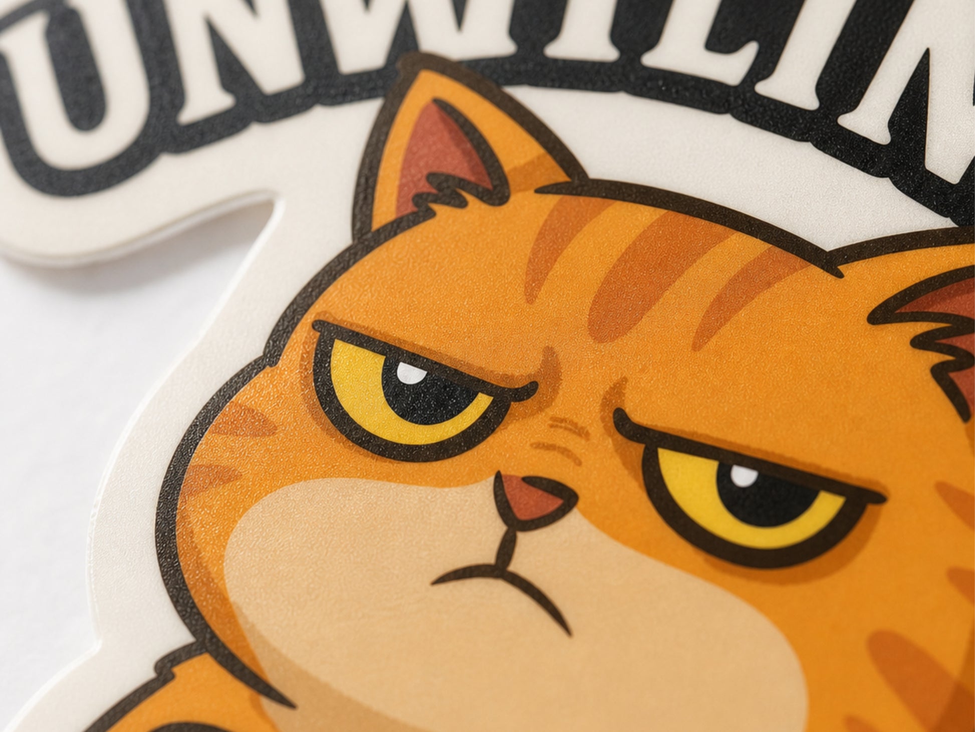 Close up of Mr Grumps grumpy cat sarcastic sticker print detail