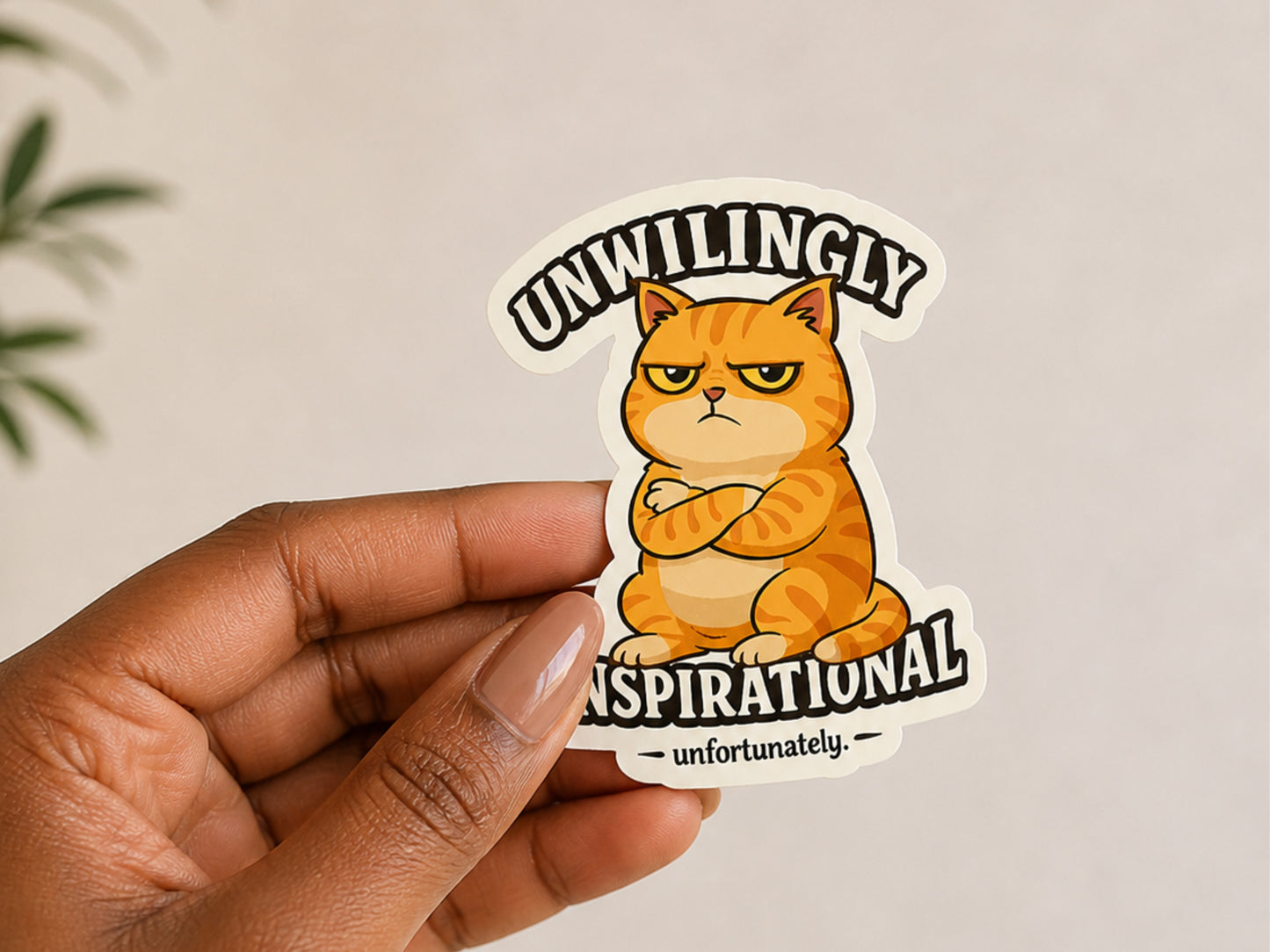 Mr Grumps grumpy cat sarcastic sticker held in hand size reference