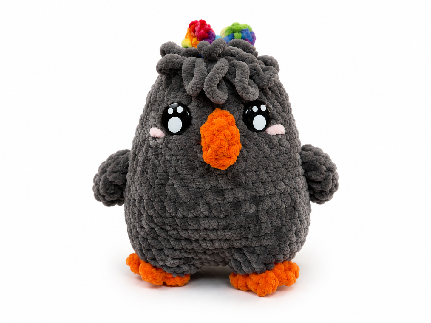 Gray plush toy with orange beak and feet on a white background
