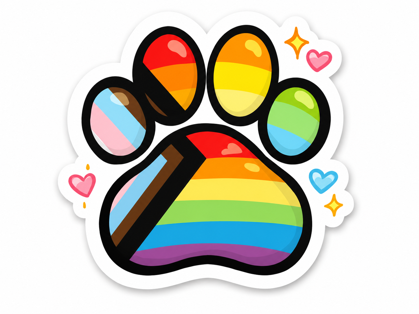 Colorful rainbow paw print design with hearts and stars on a white background