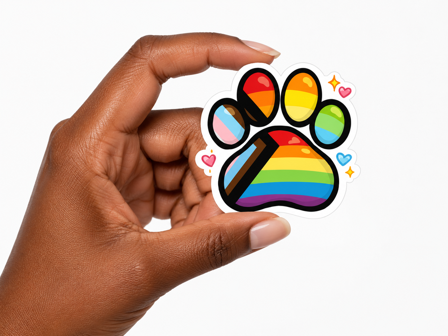 Hand holding a rainbow-colored paw print sticker with hearts and stars on a white background