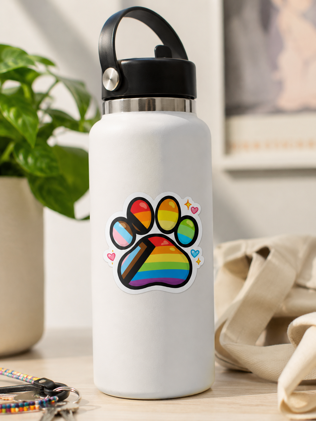 White water bottle with a rainbow paw print design on a wooden surface.