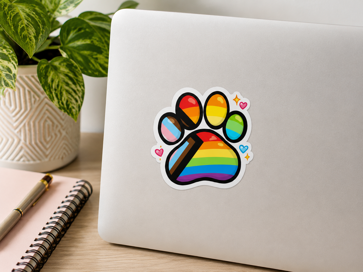 Laptop with a rainbow paw print sticker on a desk with a plant and notebook.
