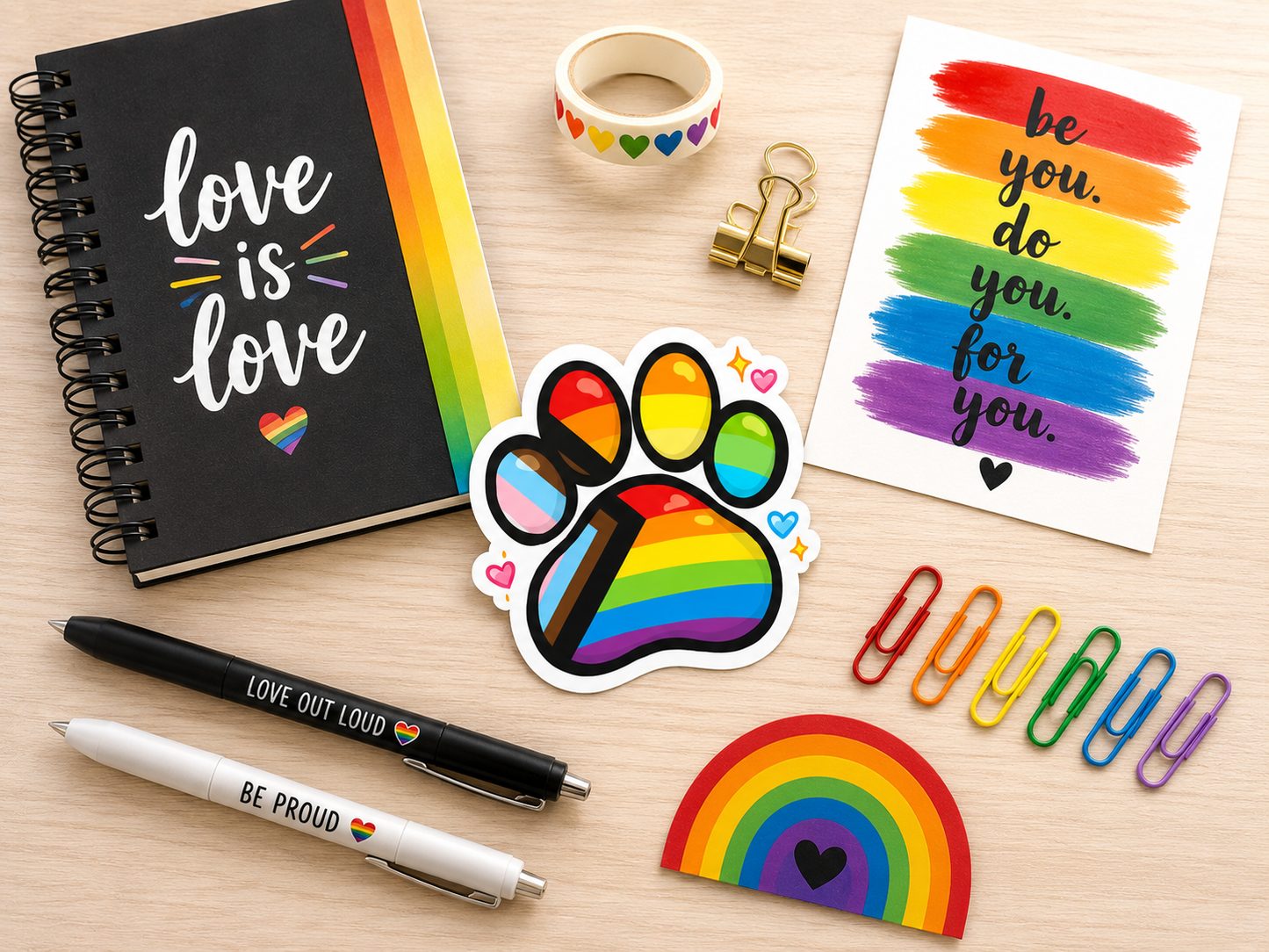 LGBTQ+ themed stationery items including a notebook, pens, stickers, and paper clips on a wooden surface.