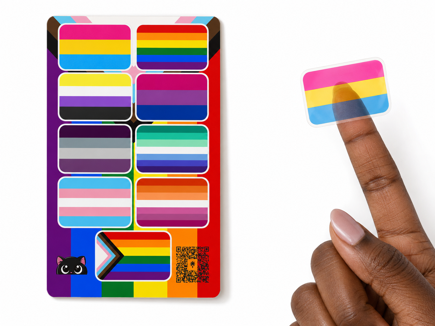 Set of colorful stickers with a hand pointing to one of them on a white background
