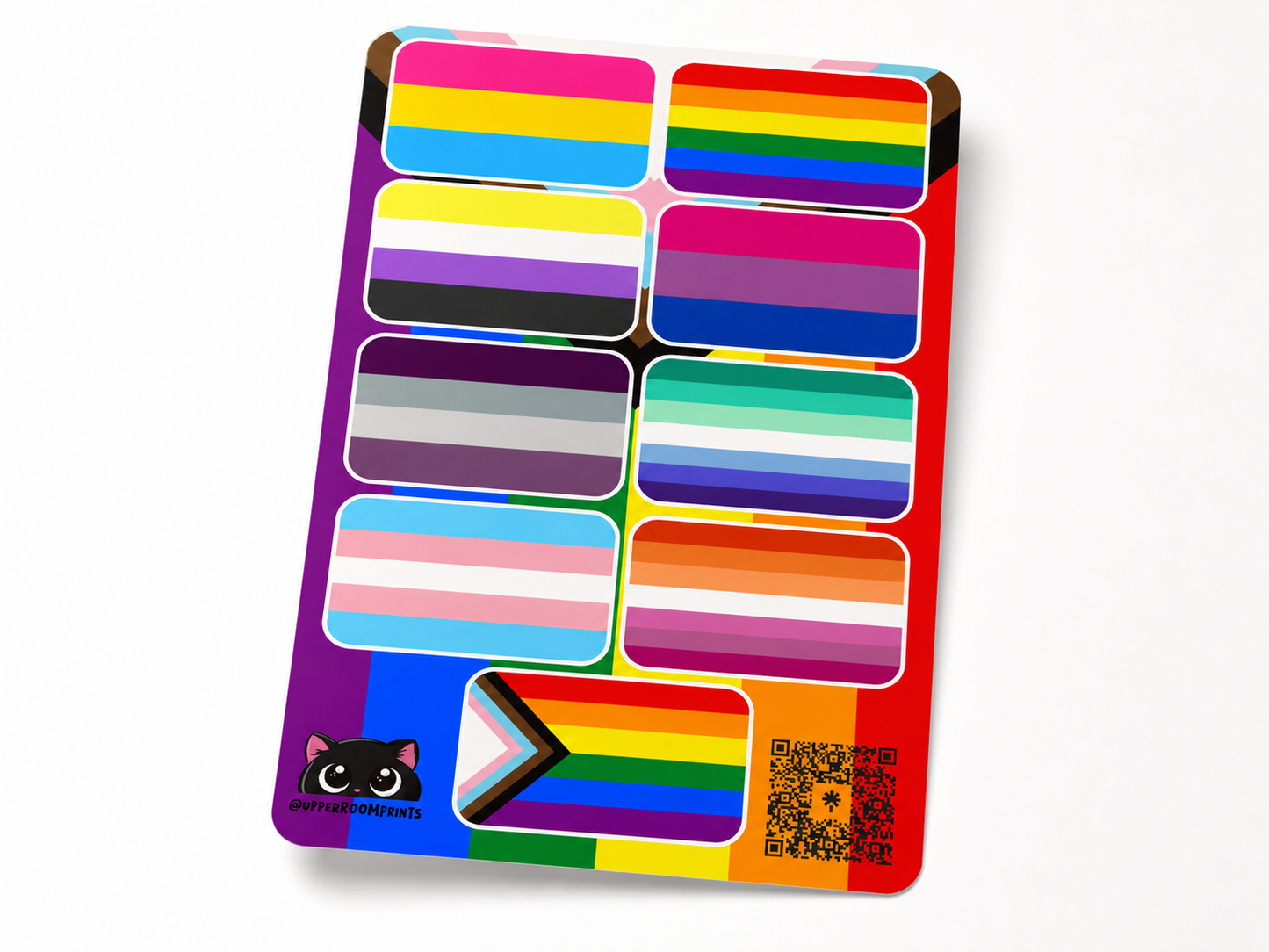 Colorful sticker sheet with various designs on a white background