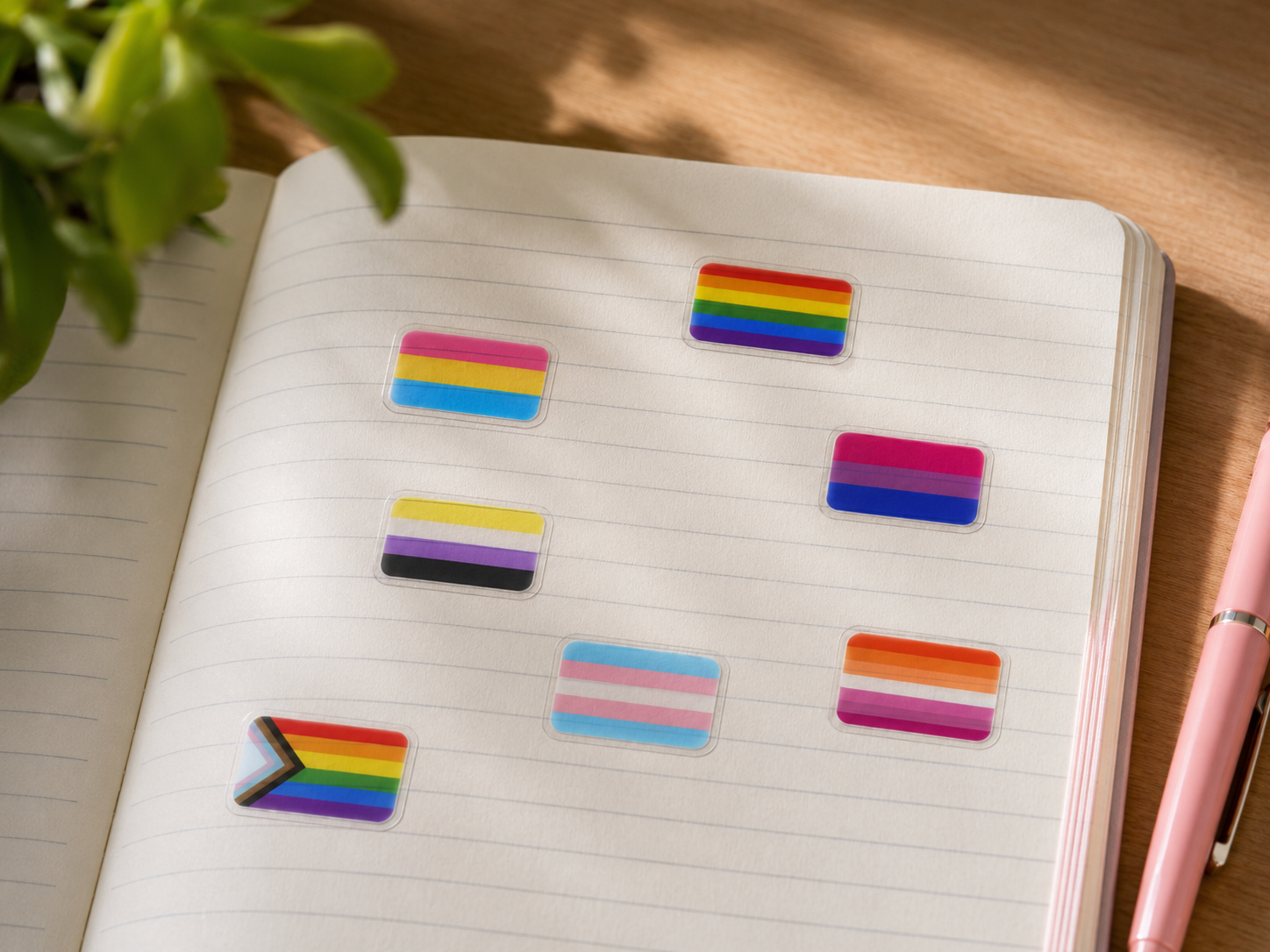 Transgender pride flag stickers on a notebook with a pen and plant in the background