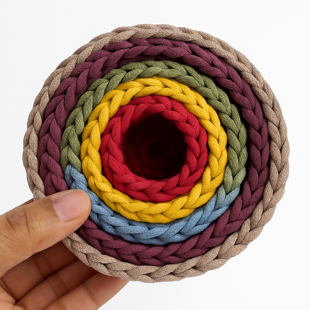 A set of six handmade crochet nesting bowls displayed on a clean white background. The bowls are stacked inside each other in rainbow order from red to tan, showcasing their size and color variations.