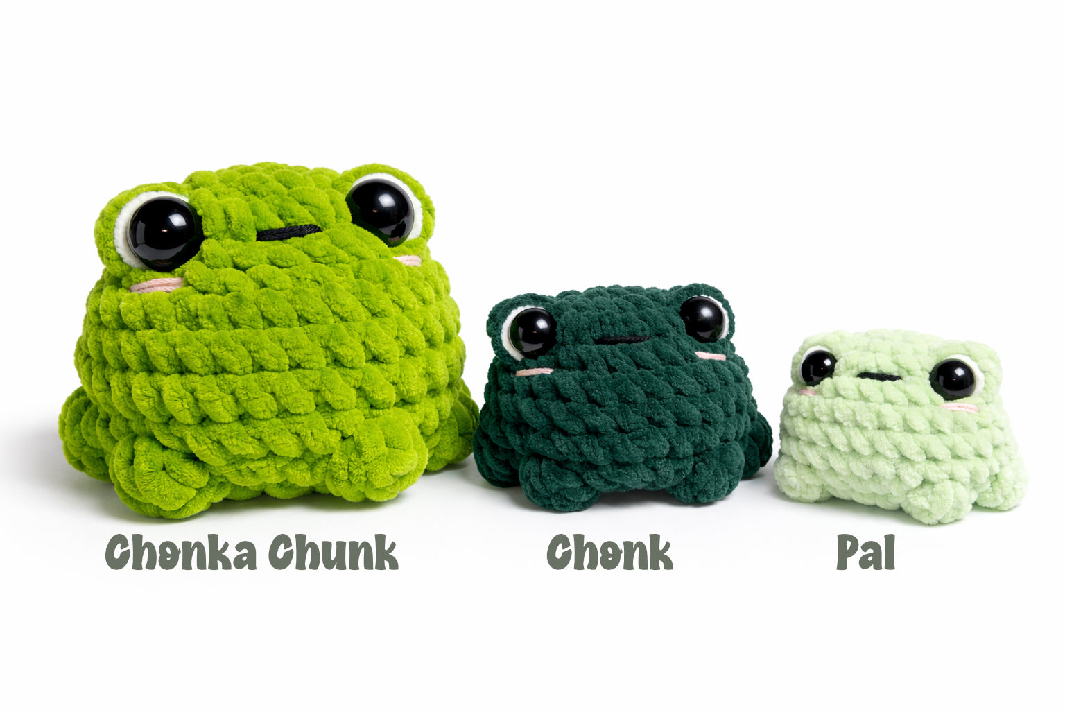 Size comparison of three crochet frog plushies labeled Chonka Chunk, Chonk, and Pal.