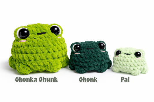 Size comparison of three crochet frog plushies labeled Chonka Chunk, Chonk, and Pal.