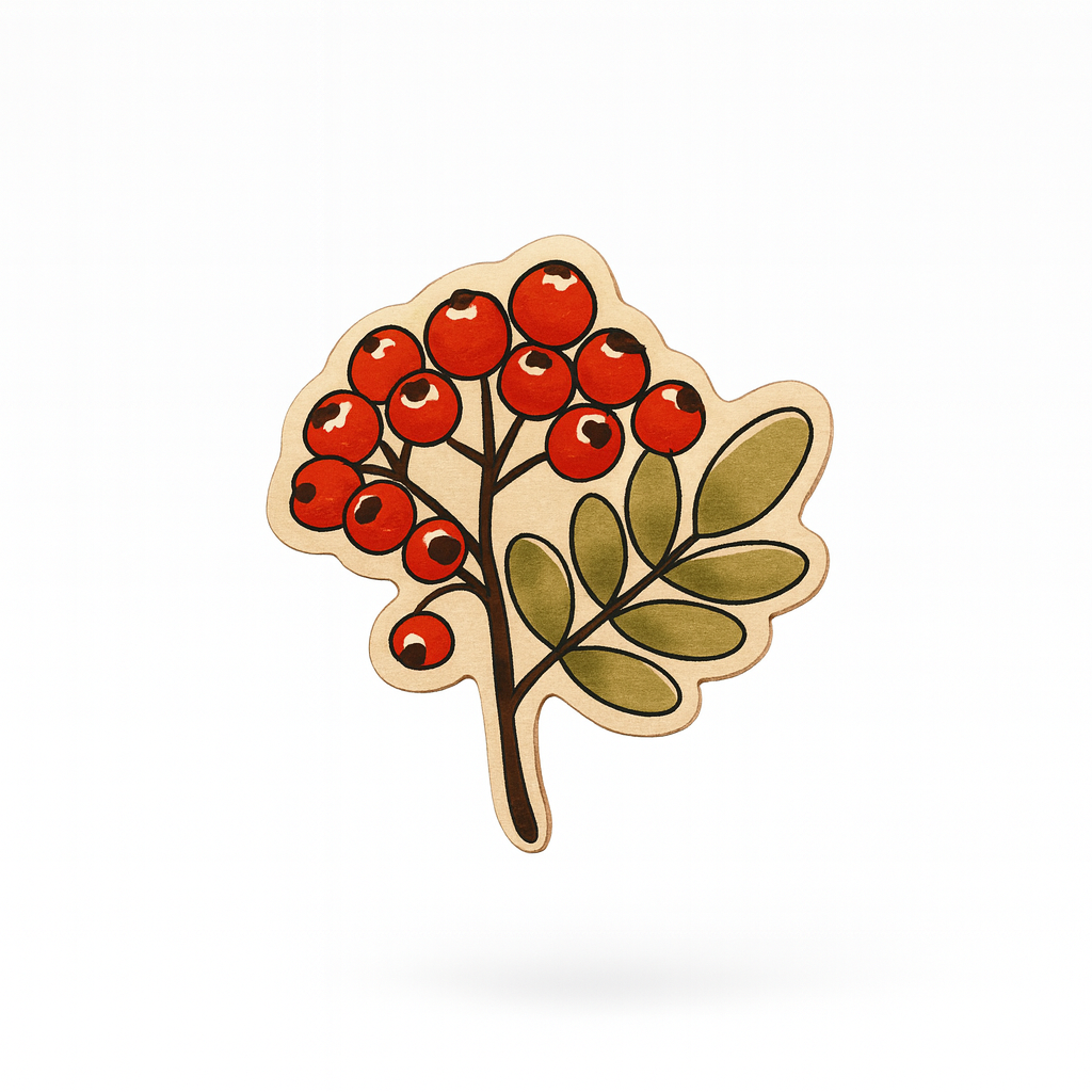 Decorative wooden pin with red berries and green leaves on a white background