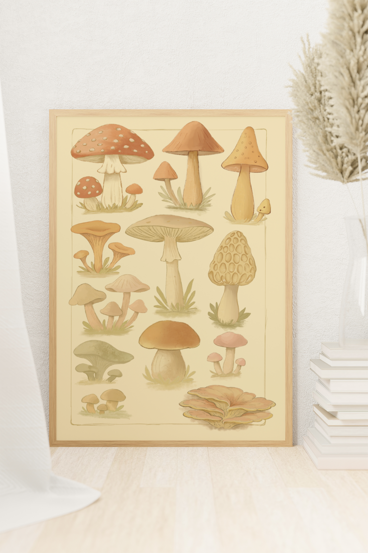 A 5x7 version of the "Mushroom Studies" print placed beside a ceramic vase on a minimalist tabletop, ideal for shelf or desk display.