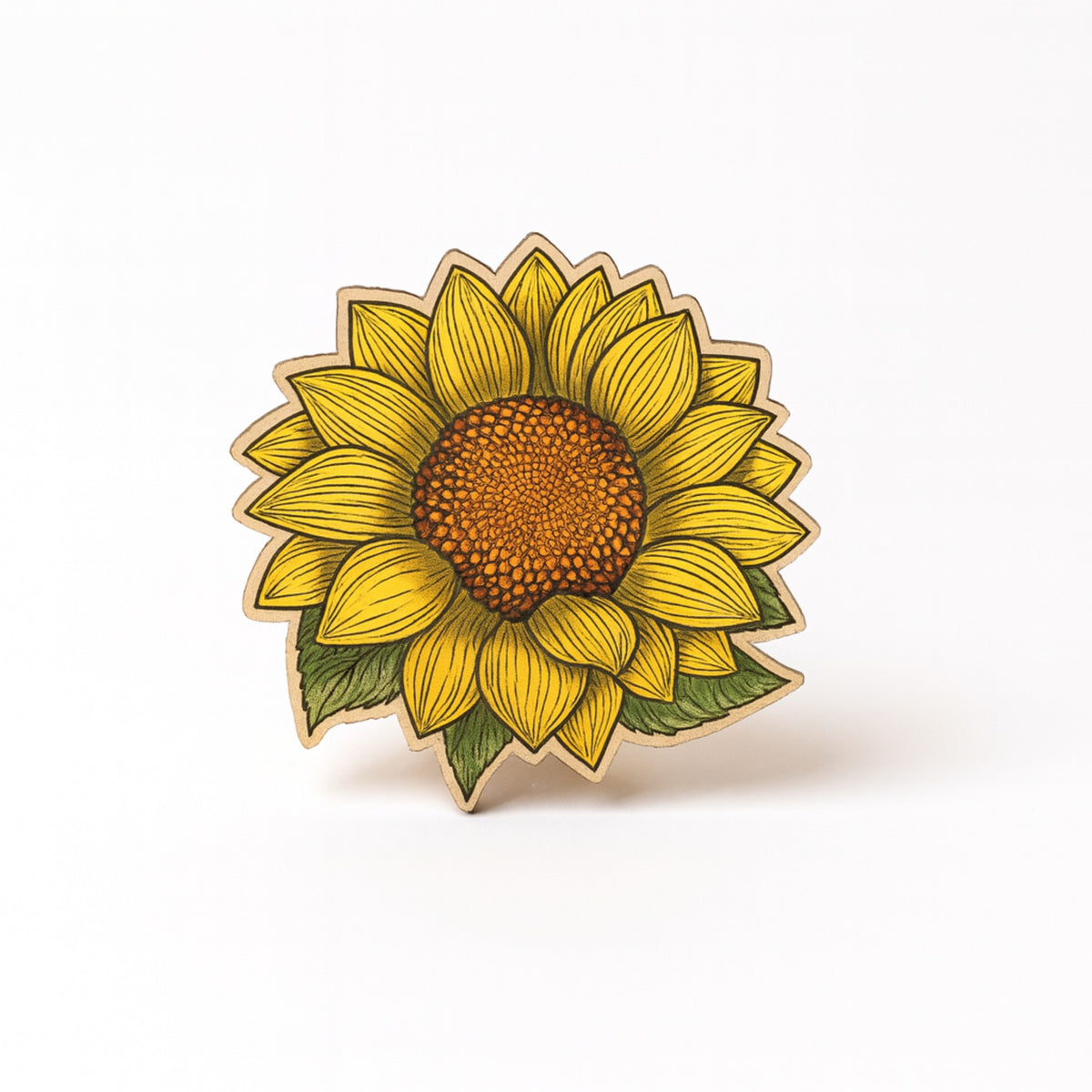 Sunflower-shaped pin on wood on a white background