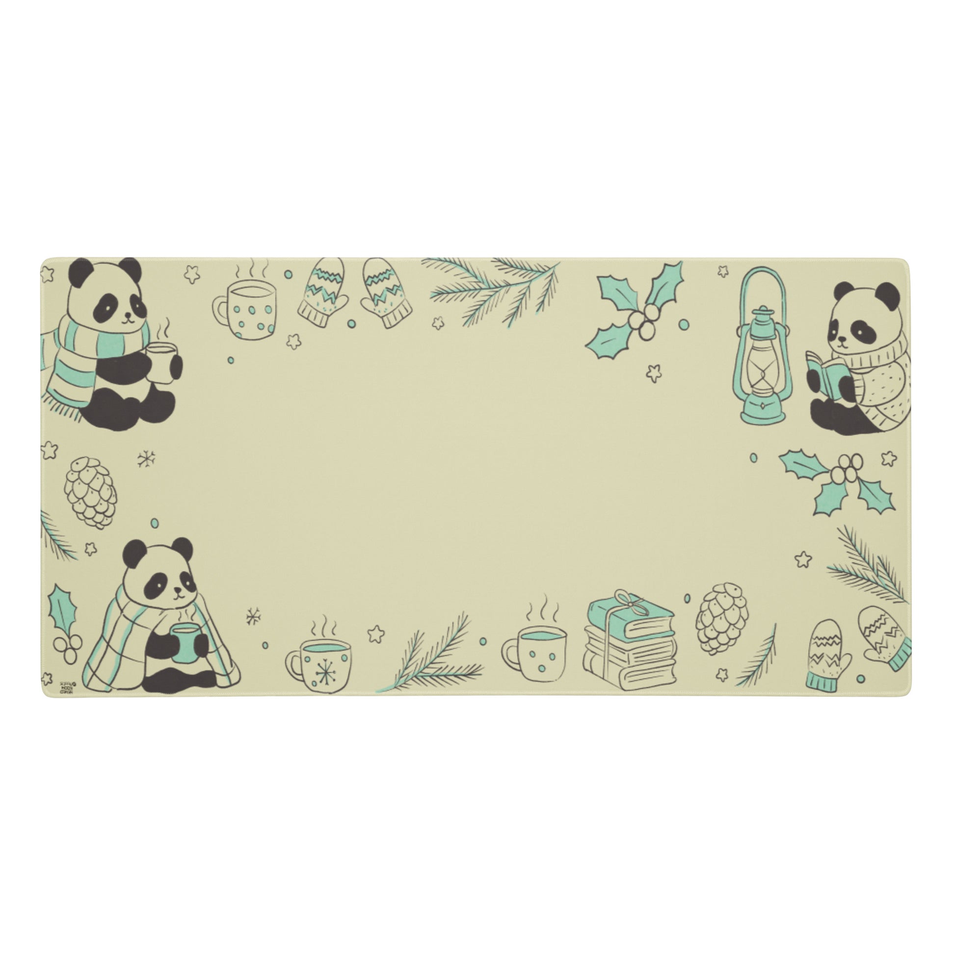 Cozy winter cottagecore gaming mouse pad featuring Wonton the panda with hot cocoa, pine branches, holly, mittens, lanterns and books on sage green background
