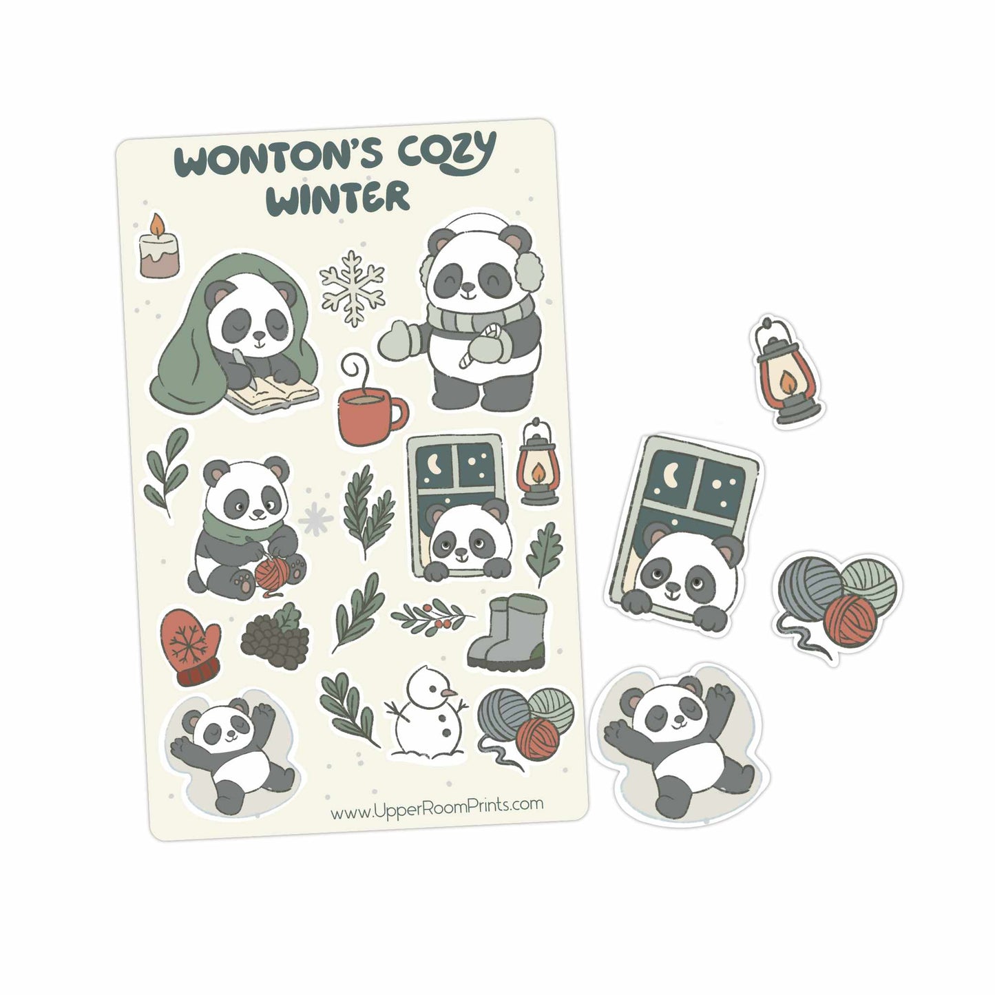 Wonton's Cozy Winter sticker sheet featuring 20 kawaii panda journal stickers with winter scenes and cottagecore icons for bullet journals and planners