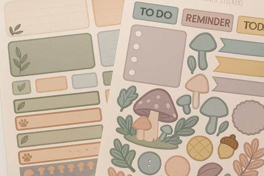 A close-up view of two 5x7 woodland-themed planner sticker sheets with pastel designs featuring mushrooms, leaves, to-do boxes, and labels.