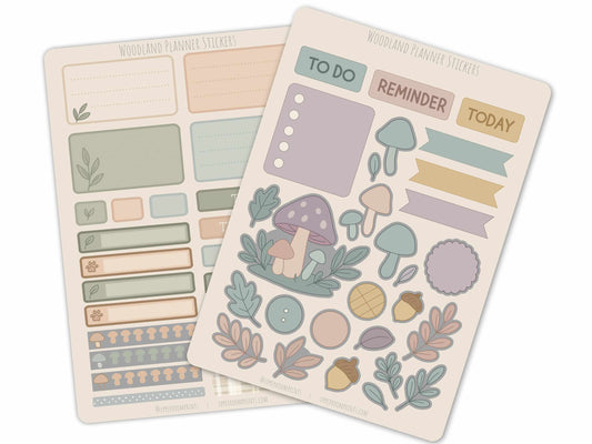 Two 5x7 woodland-themed planner sticker sheets featuring pastel mushrooms, acorns, leaves, and planner labels in soft green, peach, mustard, and lavender tones.