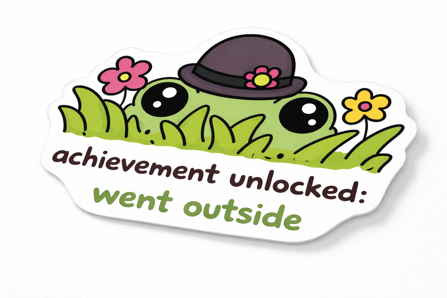 Sticker with a cartoon caterpillar wearing a hat and flowers, text 'achievement unlocked: went outside', on a white background.