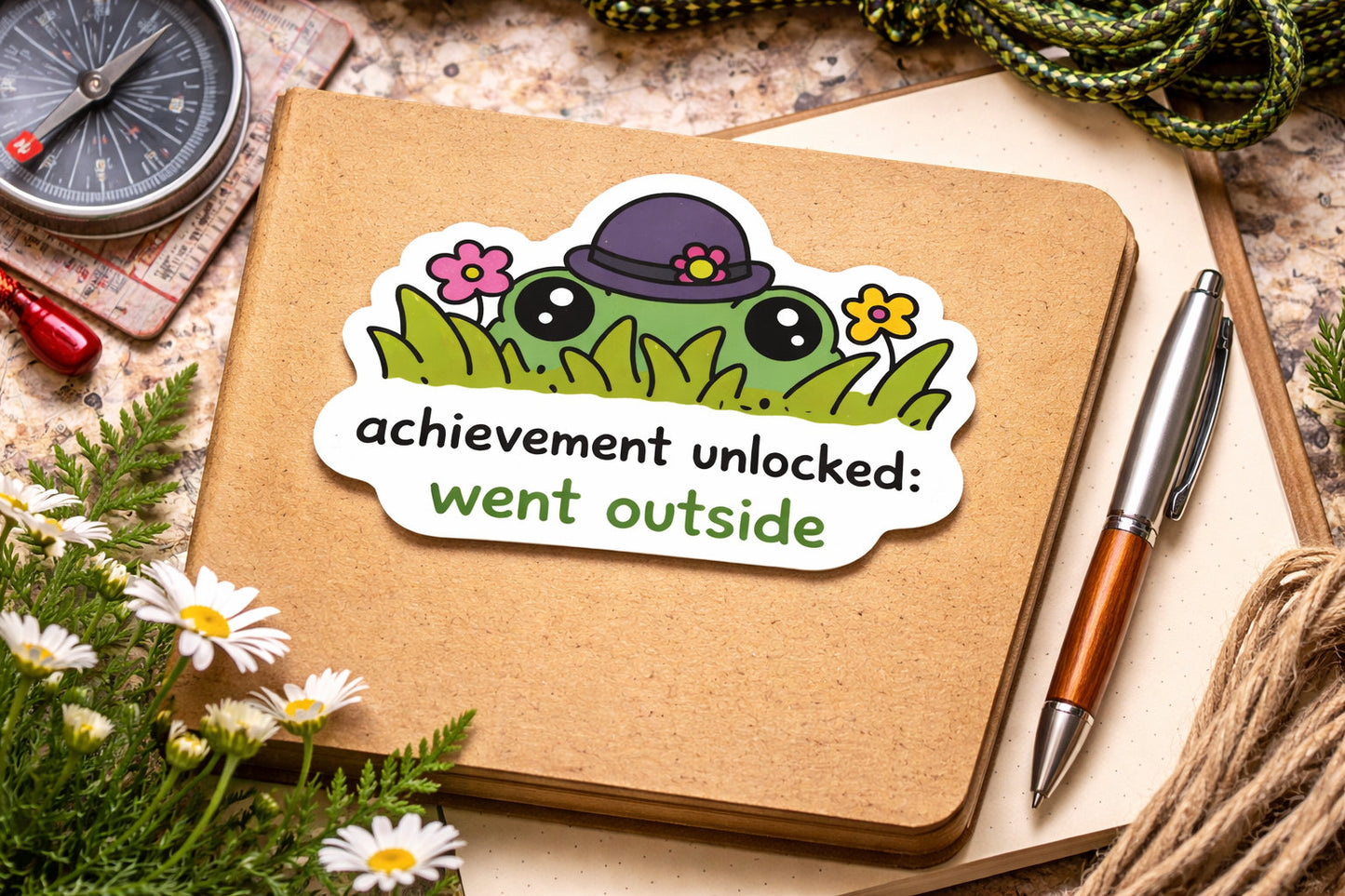 Sticker on a notebook with a pen and compass, surrounded by nature items.