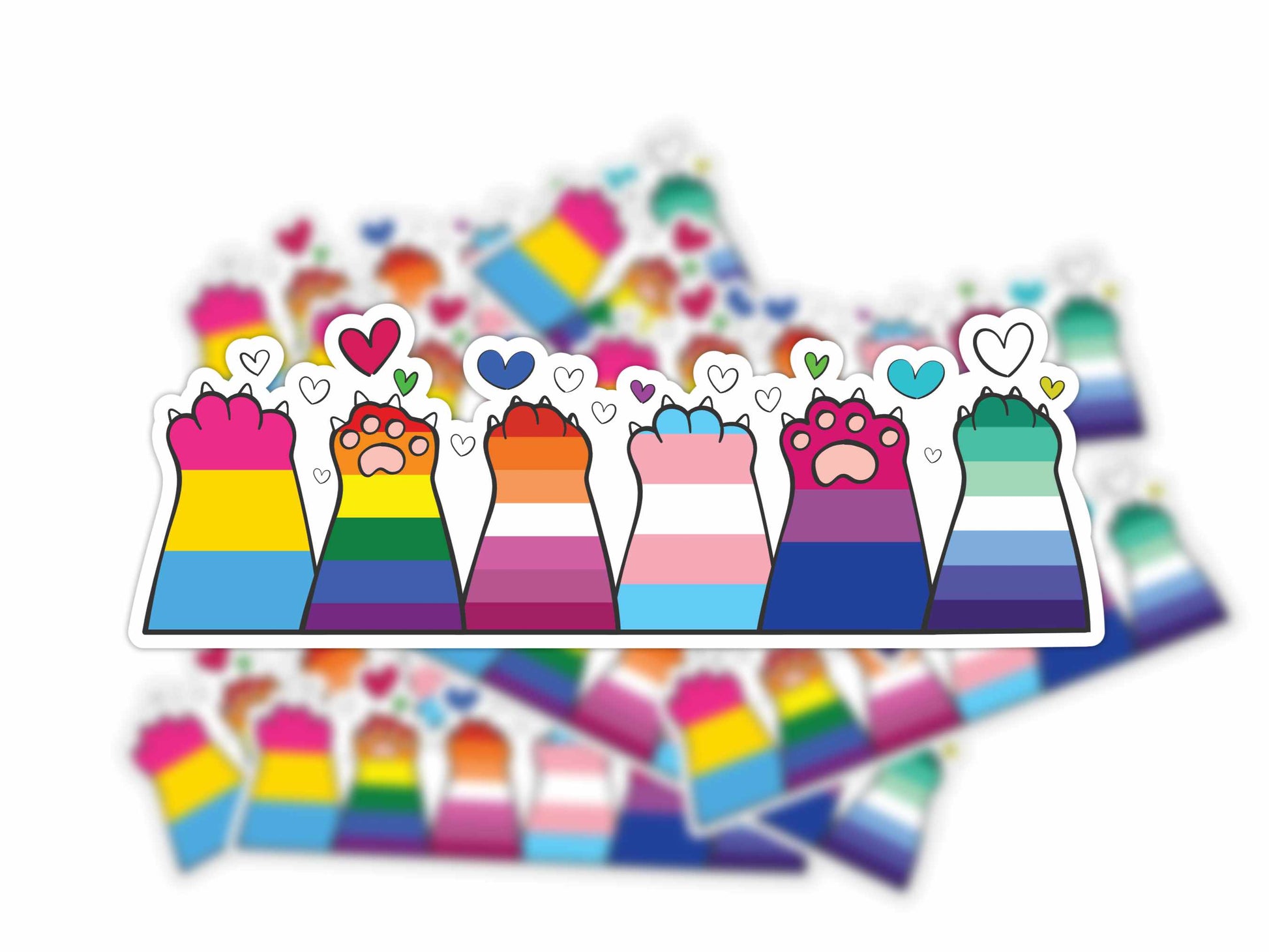 Alphabet Mafia cat paw sticker featuring multiple LGBTQ+ pride flag colors in a row, surrounded by floating hearts