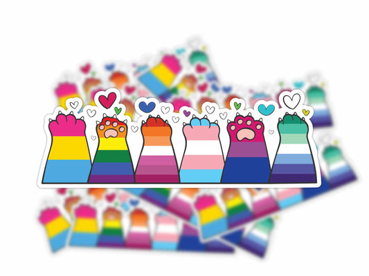 Alphabet Mafia cat paw sticker featuring multiple LGBTQ+ pride flag colors in a row, surrounded by floating hearts