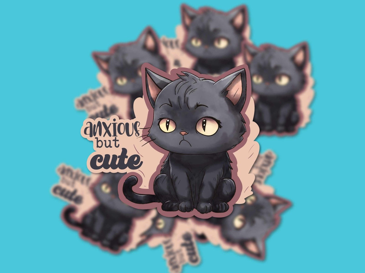 Close-up of the Anxious but Cute Sticker, featuring a hand-drawn black cat with an adorable anxious expression on waterproof vinyl