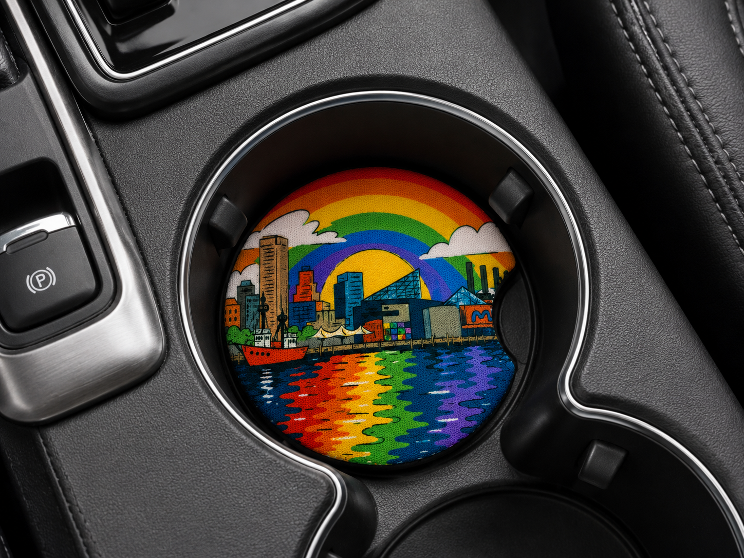 Baltimore Pride car coaster installed in a clean car cup holder