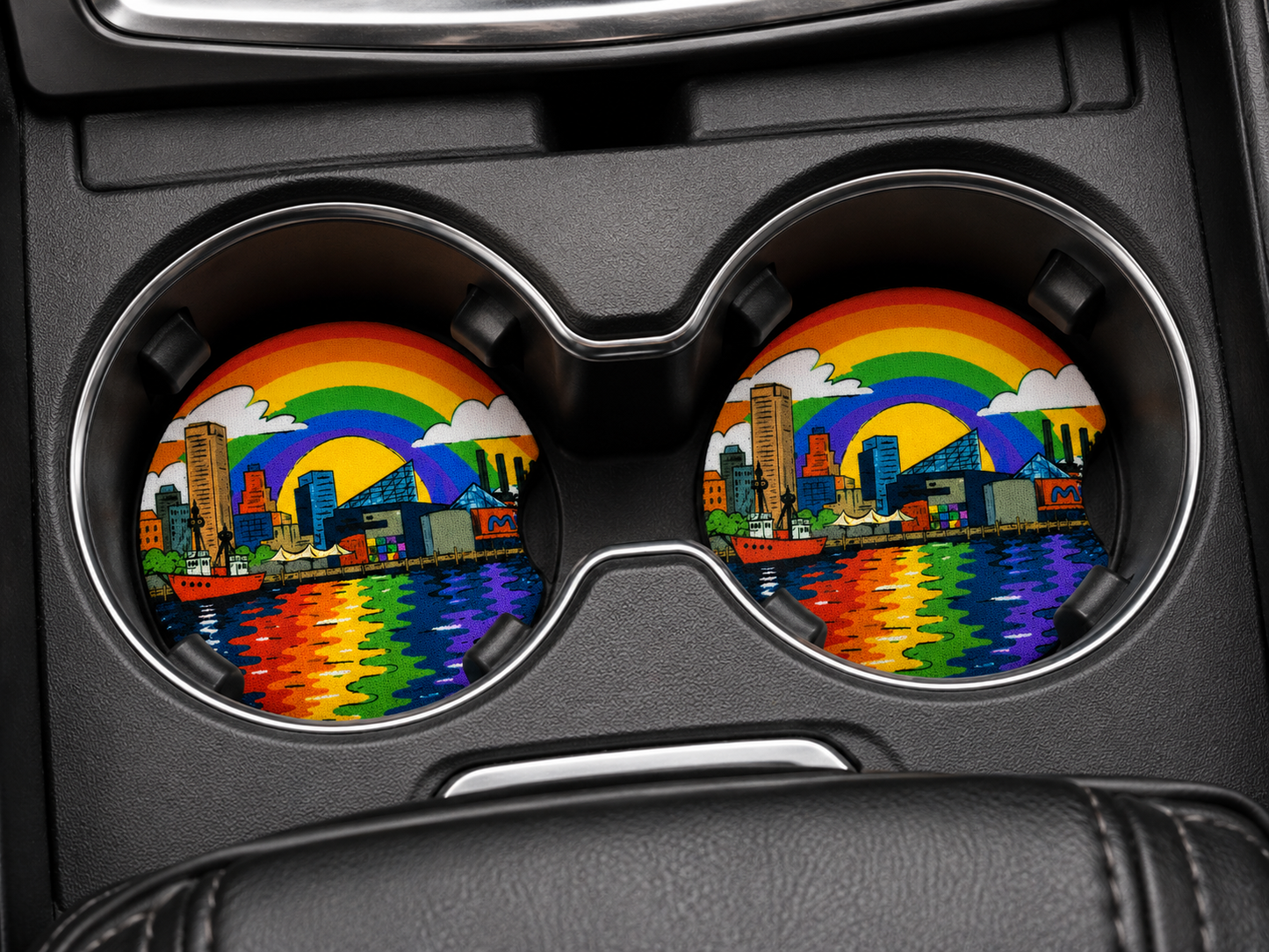 Two Baltimore Pride car coasters installed in two car cup holders to show the 2 pack set