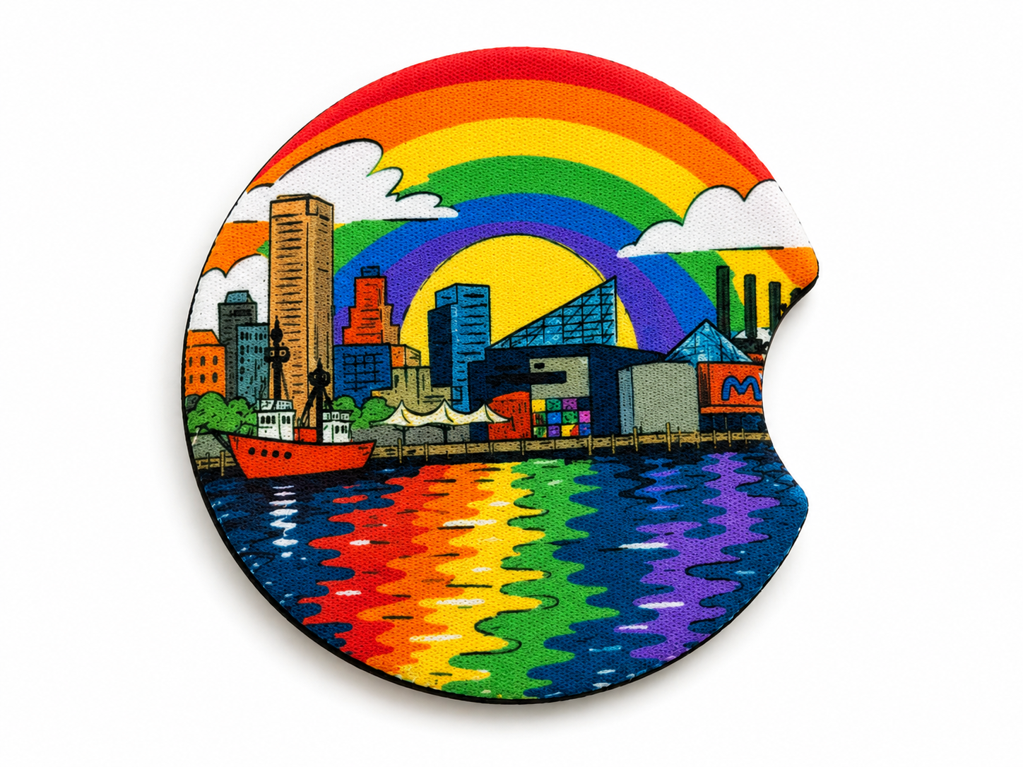 Low angle view of Baltimore Pride car coaster showing thickness and black edge trim