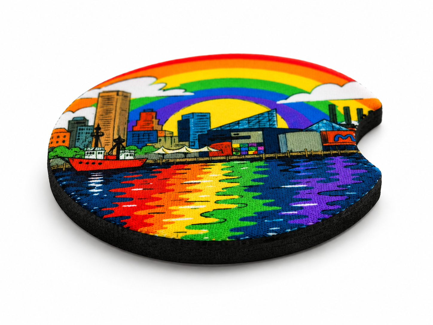 Close up of Baltimore Pride car coaster showing Baltimore harbor artwork and absorbent neoprene fabric texture