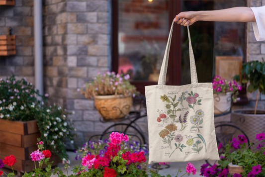 Tote bag with floral design held by a person in a garden setting