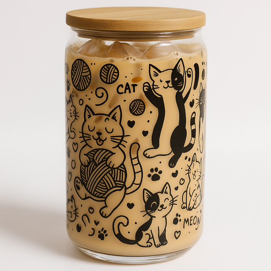 Cat Doodles 16oz glass tumbler with bamboo lid and glass straw, front view showing playful cat illustrations