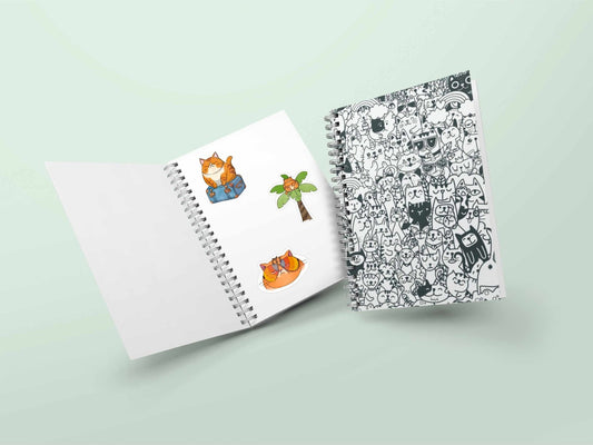Cat Doodles 50 page sticker storage album open showing interior pages for organizing cat lover sticker collection, 8.5x6 inches