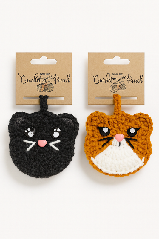 Handmade crochet cat bag charms showing black cat and orange grumpy cat options, cottagecore keychain accessories