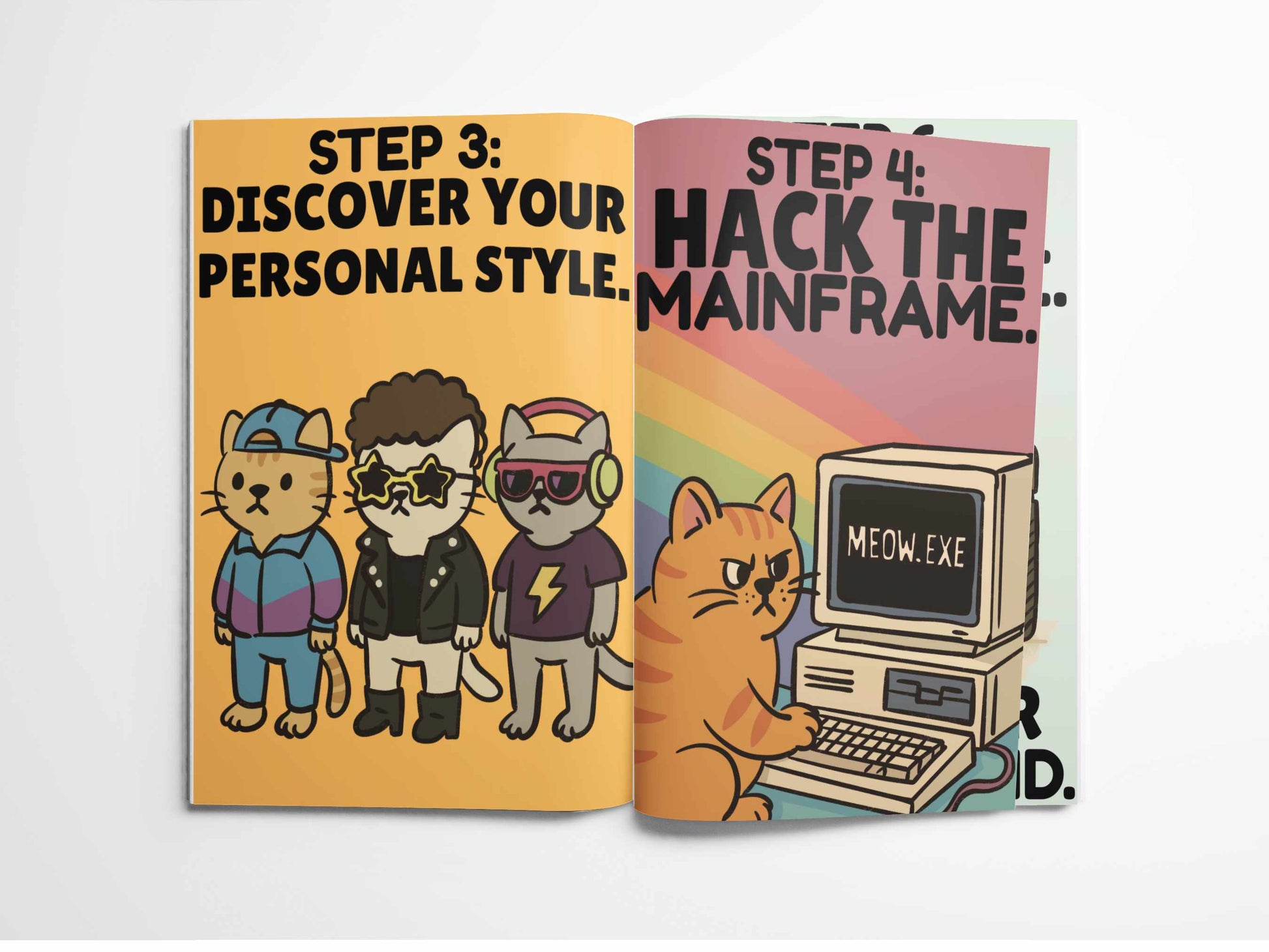 Zine pages showing Step 3: Discover Your Style and Step 4: Hack the Mainframe with retro-dressed cats and computer