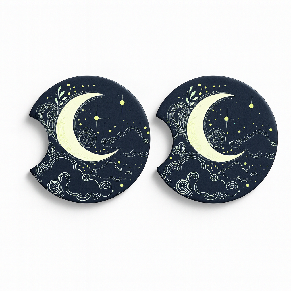 Celestial car coasters 2-pack with hand-drawn stars and moons design, 2.75 inch diameter neoprene cup holder coasters
