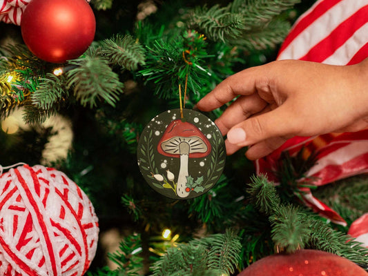 Ceramic mushroom ornament with twine and golden string options for Christmas tree decoration