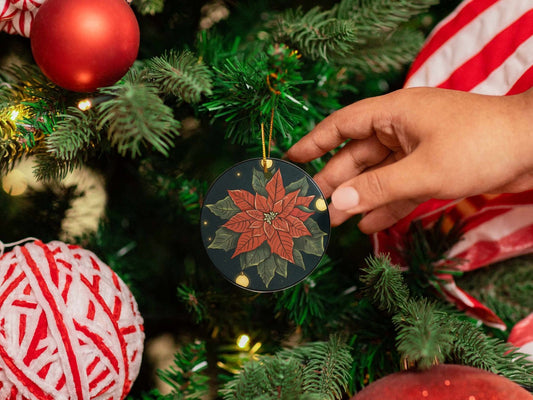 Ceramic poinsettia ornament with twine and golden string options for Christmas tree decoration