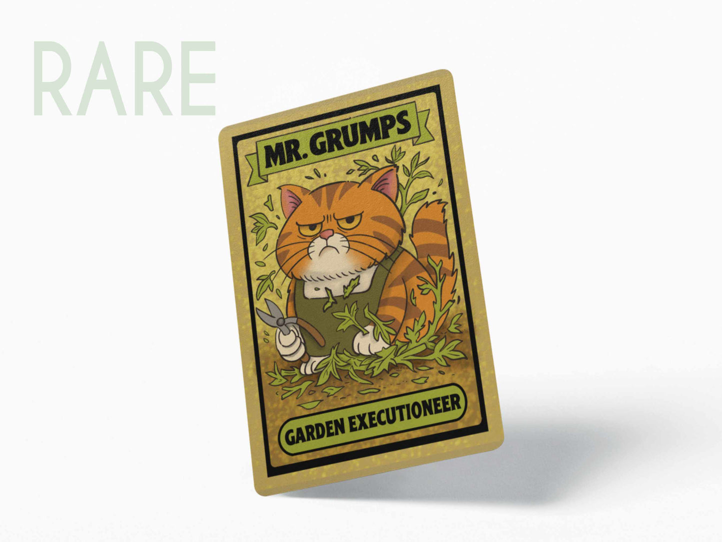 Close-up of the rare Chaos Kitties card featuring Mr. Grumps, the Garden Executioneer, printed with gold foil for a limited-edition finish